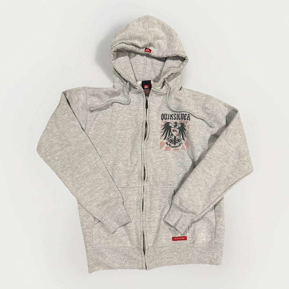 Y2K Quiksilver Sweatshirt Mens Medium Grey Hoodie Full Zip Lined Grunge Skate
